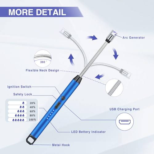 2 PCS Candle Lighter, Electric Lighter Arc Windproof Flameless with 360¡Æ Flexible Neck & LED Power Display, Lighters for Candle for BBQ, Grill, Camping, Fireplace, Stove(Blue)