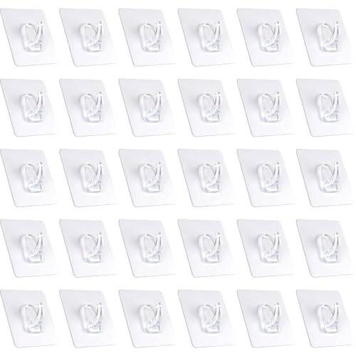 30 PCS Clear Adhesive Wall Hooks - Reusable Transparent Design