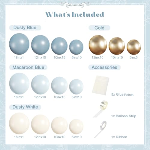 Dusty Blue Gold Balloon Garland Arch Kit - 128 Pieces for Parties