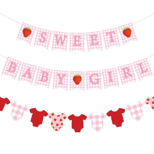 Strawberry Girl Baby Shower Banners Set - 3 Pcs Pink Gingham