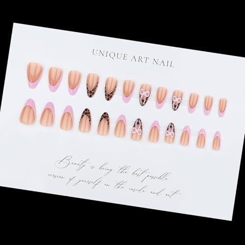 French Tip Press on Nails Medium Almond Fake Nails with 3D Bow & Leopard Print