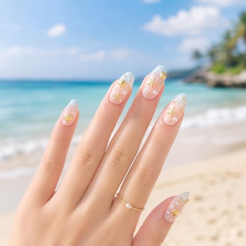 Macuezu 100 Pcs 3D Starfish & Seashell Nail Charms Flat Back Gold