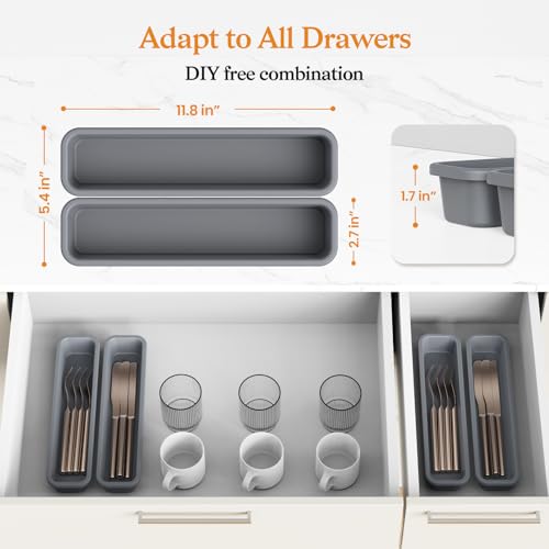 2 Pack Silicone Utensil Drawer Organizer - Anti-Slip Flatware Tray