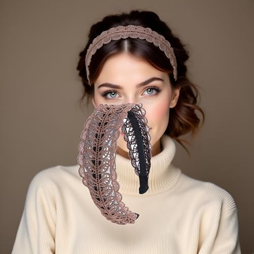 Cauaoa Coffee Lace Leaf Wide Headband Non-Slip Elastic Hair Hoop