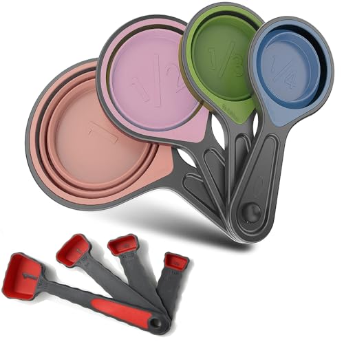 Collapsible Silicone Measuring Cups & Spoons Set - 8 Pieces, Pink & Orange