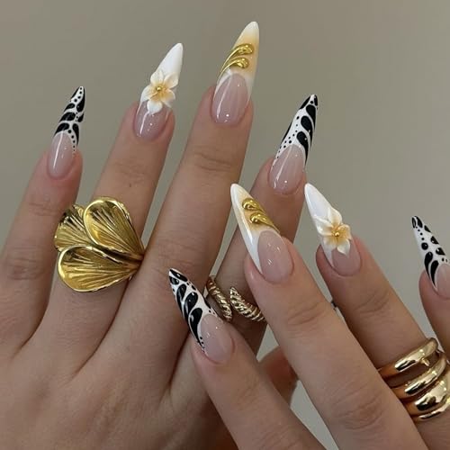 Octoswave Long Almond Press on Nails with French Flowers - 24pcs