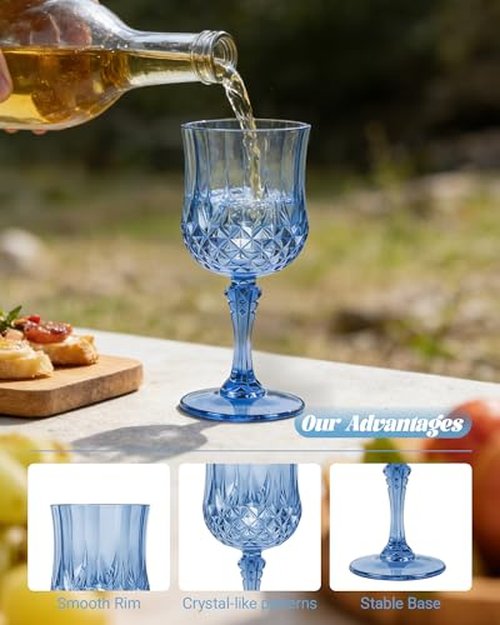 SDBALLBZ Plastic Wine Glasses Set, 7oz Vintage Goblets Shatterproof Unbreakable Reusable & Disposable, Drinking Glasses with Stem, for Wedding Outdoor Dinner Valentine's Day (48pcs, Blue)