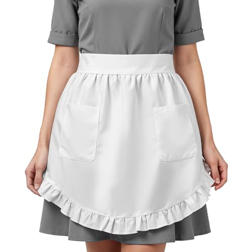 White Waist Apron for Women with Pockets - Chef Half Apron