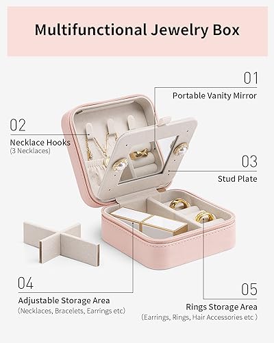 VLANDO Travel Jewelry Box Organizer - Compact Pink Case with Mirror
