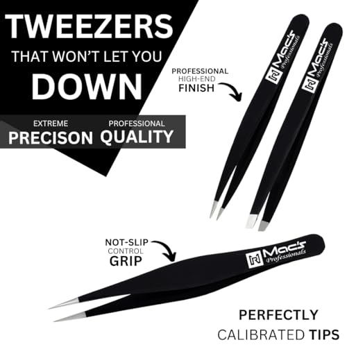 Macs Professional Tweezers Set - 3 Pcs Stainless Steel Precision Pointed & Slant Tweezers for Eyebrows and Ingrown Hair Removal