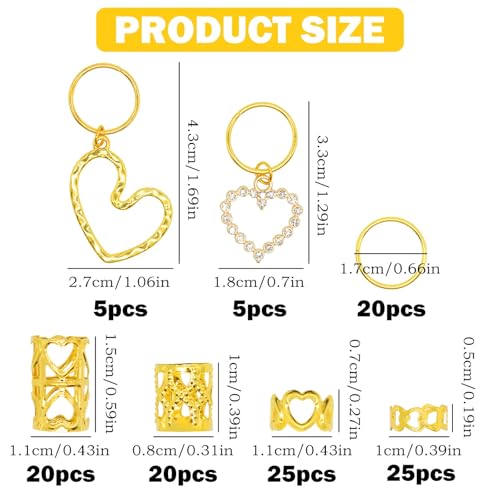 120Pcs Heart Gold Hair Cuffs & Braid Charms Metal Jewelry Decor