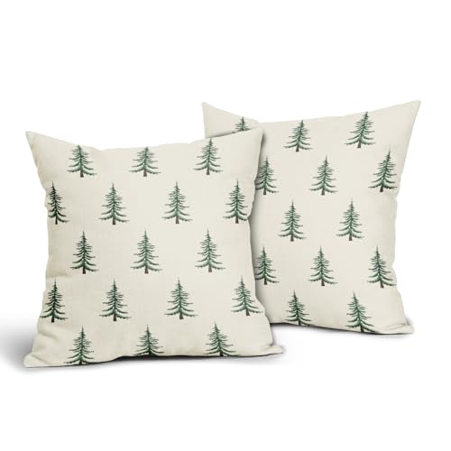 Christmas Pillow Covers 18x18 Set of 2 with Forest Green Tree Print