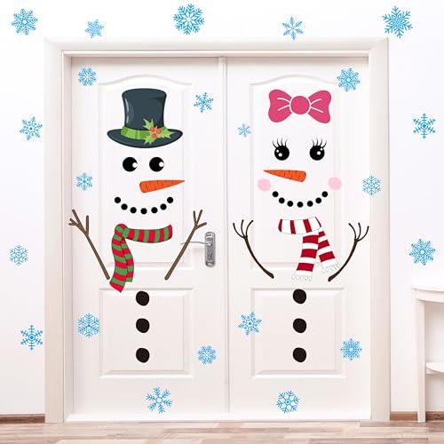 Christmas Snowman Door Stickers Set with Snowflakes - Holiday Wall Decals for Windows, Doors, Fridge
