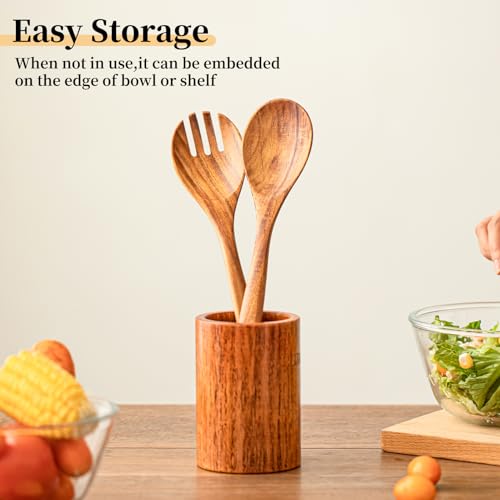 Gudamaye Acacia Wooden Salad Server Set - 13 Inch Salad Tongs with Fork & Spoon, Long Handle Salad Servers, Salad Mixing Utensils, Salad Servers