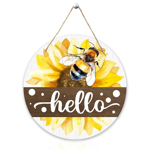 Hello Bee Sunflower Welcome Hanging Sign for Front Door 10 Inch