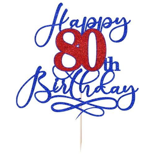80th Birthday Cake Topper - Deep Blue & Red Glitter Party Decoration