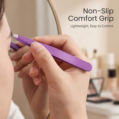 Purple Tweezers Set, 4 Pack Stainless Steel Precision Eyebrow Tweezers
