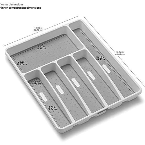 madesmart Premium Antimicrobial Classic Large Silverware Tray Soft Grip, Non-Slip Kitchen Drawer, 6 Compartments, Multi-Purpose Home Organization, EPA Certified, White