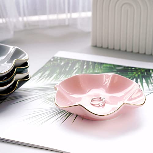 HANKOR Ceramic Jewelry Dish, 4.7-Inch Pink Trinket Tray with Gold Trim