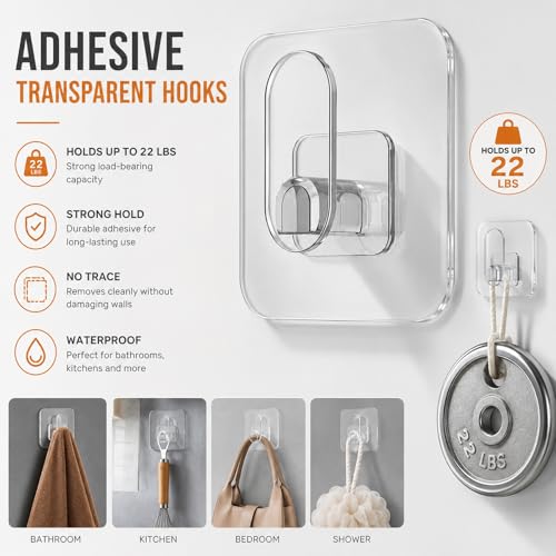 10 Pack Heavy Duty Adhesive Wall Hooks No Drill Waterproof Transparent Towel Hangers