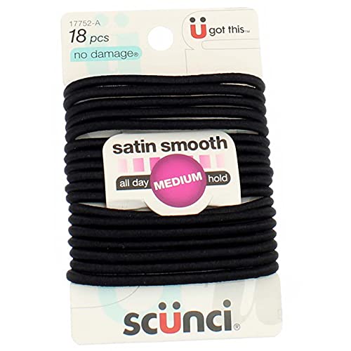 Scunci No Damage Satin Smooth Hair Elastics Black Medium Hold 18 Count