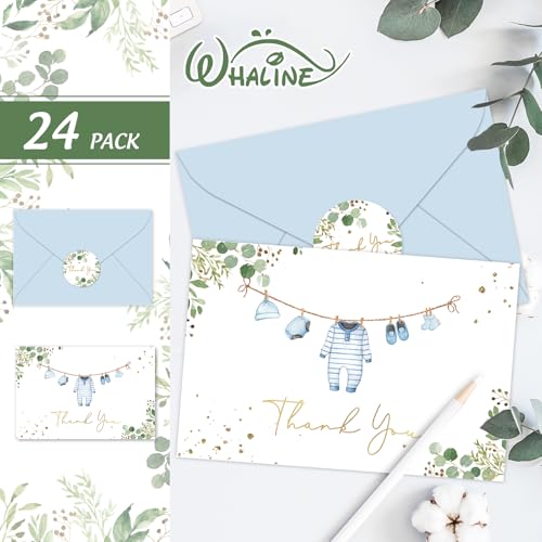 Whaline Blue Baby Shower Thank You Cards - 24 Pack with Envelopes & Stickers