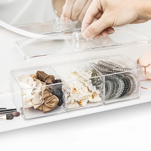 Acrylic Hair Accessories Organizer with Lid - 3 Compartments for Hair Ties, Clips & Bows