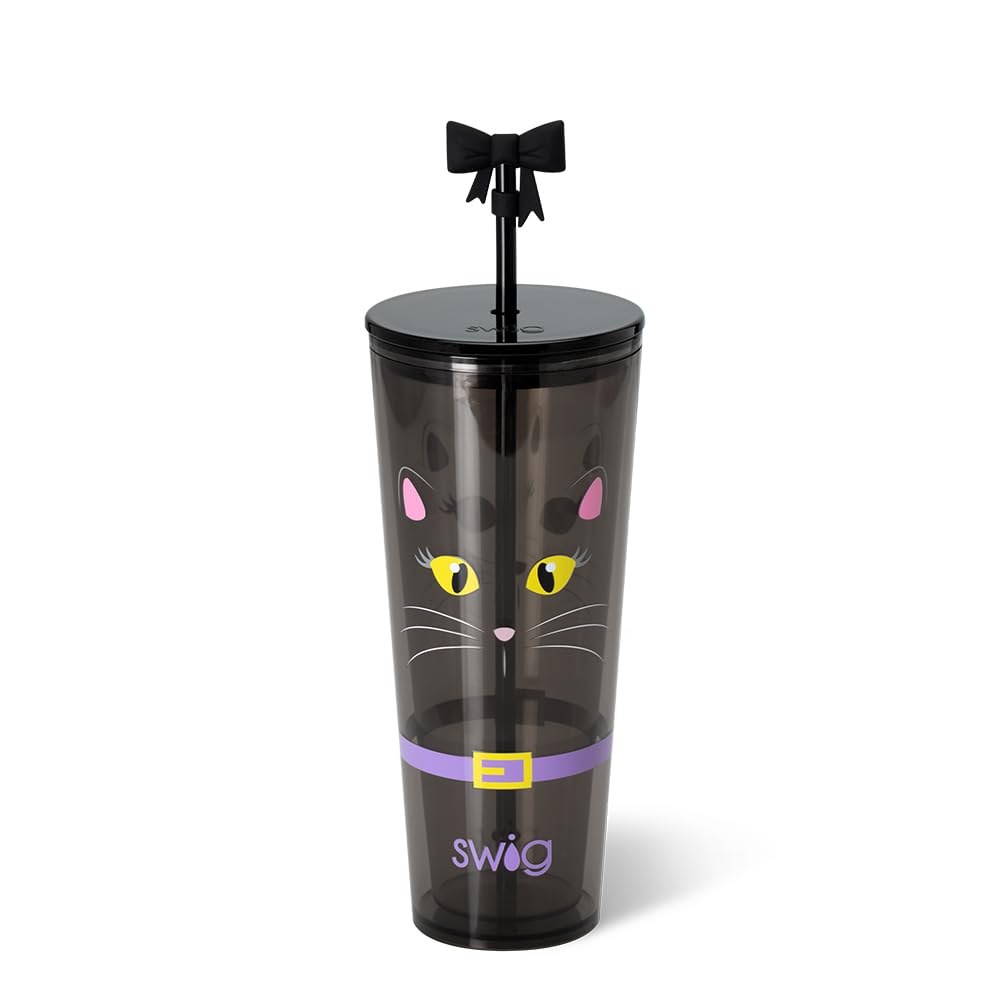 Swig Life 24oz Plastic Tumbler, Halloween Cup Holder Friendly Travel Tumbler with Lid & Straw, BPA Free Plastic Cups, 24 oz Reusable Water Cup with Lid & Straw (Boo Crew Cat)