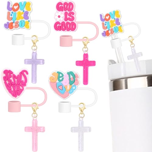 10mm Straw Toppers Set, Pink Jenus Faith Straw Covers Cap with Clip-on Cross Charms for 30oz 40 0z Stanley Tumblers, Cute and Bling Modern Simple Tips Stanley Accessories