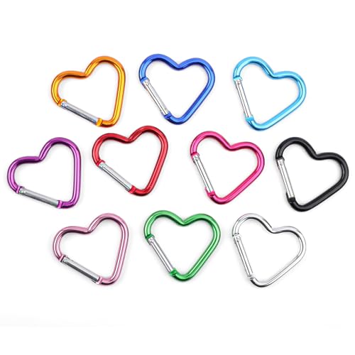 10pcs Heart Shaped Carabiner, Aluminium Alloy Cute Carabiner Clip Snap Hook Key Holder Heart Keychain Clip Key Ring for Camping Backpack Water Bottle Key Chain
