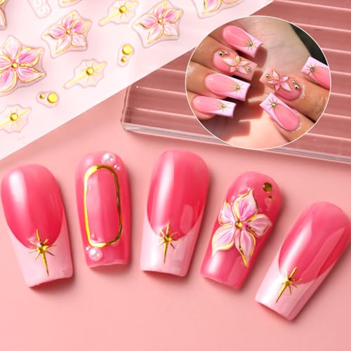 5D Embossed Flower Nail Art Stickers - Pink Lily Gold Frame Decals 3 Sheets