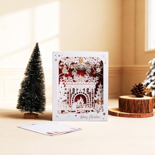 3D Christmas Card with Gold Foil - Pop Up Holiday Greeting Card with Winter Scene, Christmas Fireplace Paper Carved Box