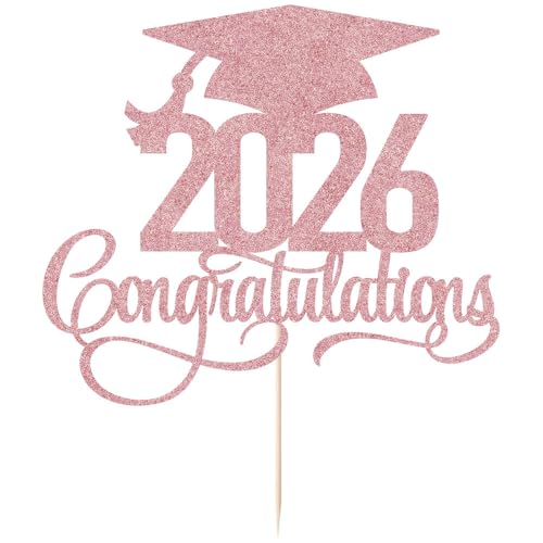 Rose Gold Glitter 2026 Graduation Cake Topper - Congrats Grad Decor