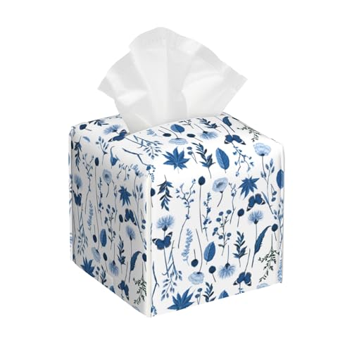 Blue Botanical Square Tissue Box Cover - Leather Holder for Home & Office