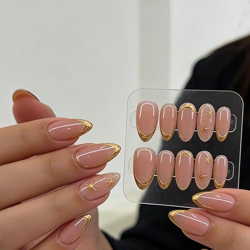 Nude Gold French Star Press On Nails Almond Glossy False Nails