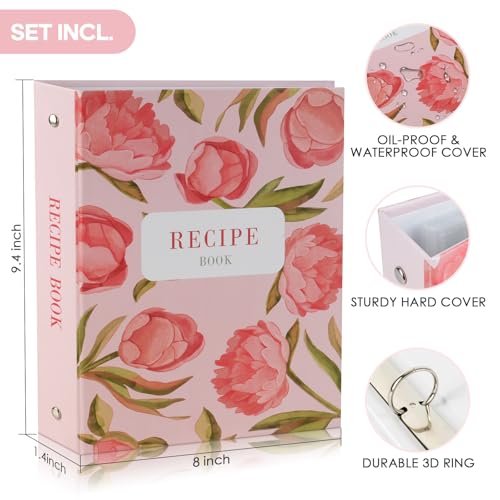 Meolsia Recipe Binder Kit, 7.9x9.4in 3-Ring Cookbook with 60 Sleeves & Cards