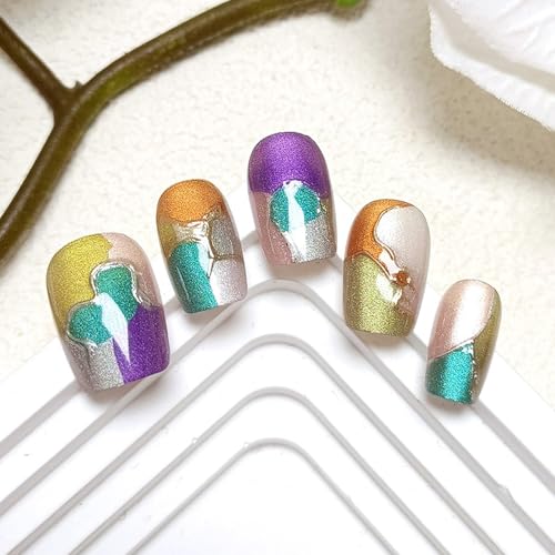 Handmade Press on Nails Medium Square Acrylic False Nails with Grid Design