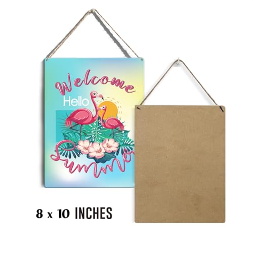 Flamingo Welcome Summer Door Hanger - 8" x 10" Wooden Sign