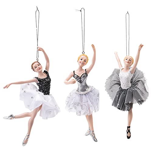 Set of 3 Black Silver White Ballerina Christmas Ornaments - Whimsical Holiday Decor