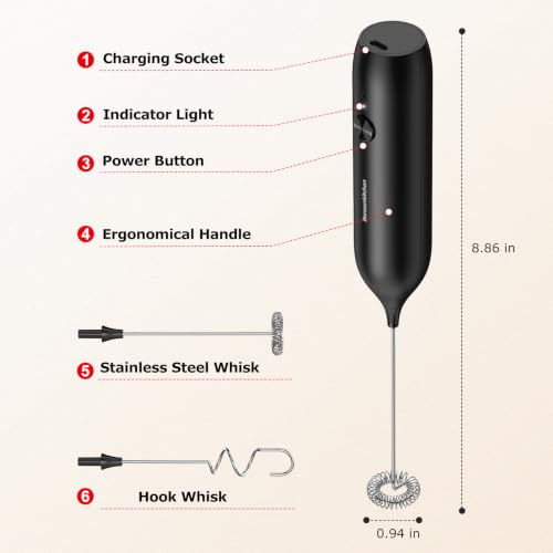 Bonsenkitchen USB-C Rechargeable Milk Frother - Handheld Electric Foam Maker for Coffee, Matcha, and Lattes