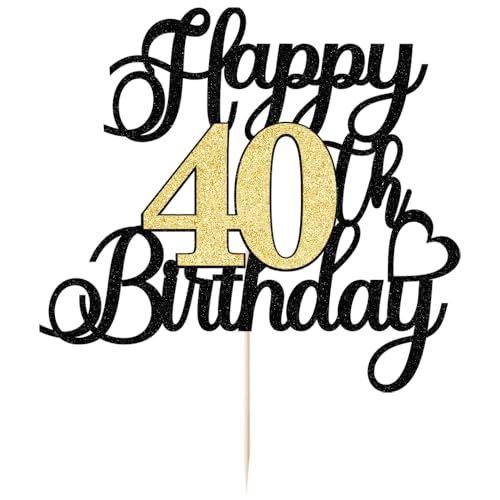 Auteby Black Gold Glitter 40th Birthday Cake Topper
