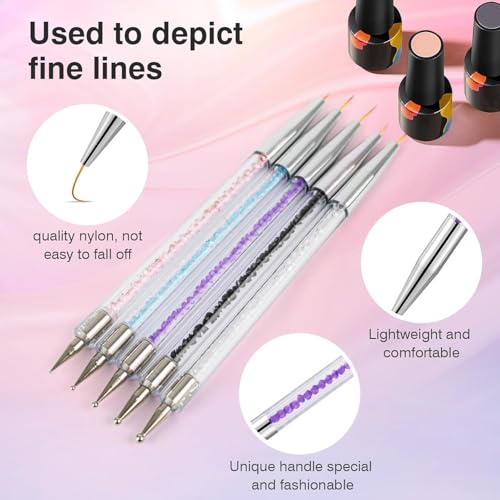 TOCOLES 5 Pcs Nail Art Brush Set Double-Ended Liner Brushes & Dotting Pens