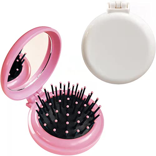 SportMore Folding Hair Brush with Mirror - Mini Travel Compact Comb