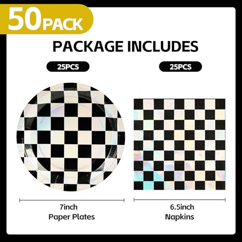 Checkered Race Car Party Plates and Napkins Set - 50 Piece Disposable Kit