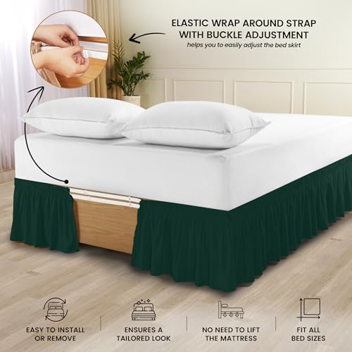 Wrap-Around Queen Bed Skirt with Elastic Belt - 16 Inch Drop, Emerald