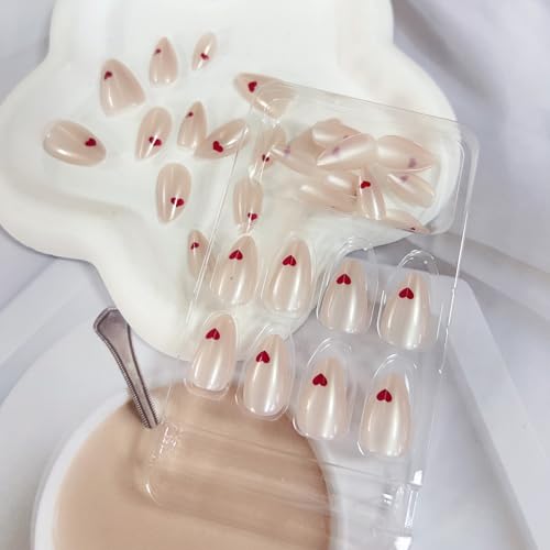 OHWODA Short Almond Press on Nails Red Heart Valentine Fake Nails
