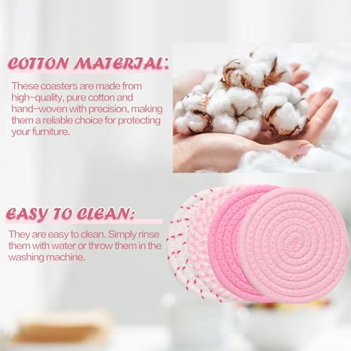 4.8 Inch Large Pink Coasters Set of 4 - Handmade Absorbent Fabric