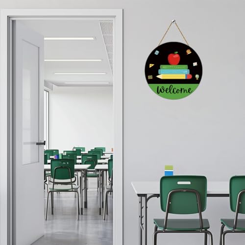YUNKKIN Classroom Welcome Sign - Apple, Books & Pencils Decor for First Day of School