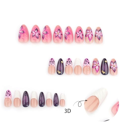 Purple Floral French Tip Press on Nails - 24Pcs Medium Acrylic Fake Nails