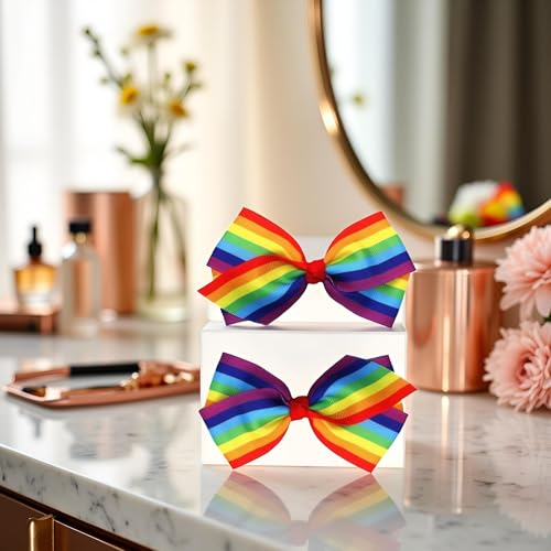 Rainbow Hair Bow Clips 4 Inch Ribbon Barrettes for Women and Girls